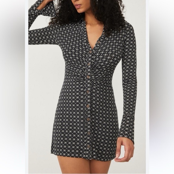 Free People Black and White Shayla Long Sleeve Button Mini Dress - Picture 2 of 5